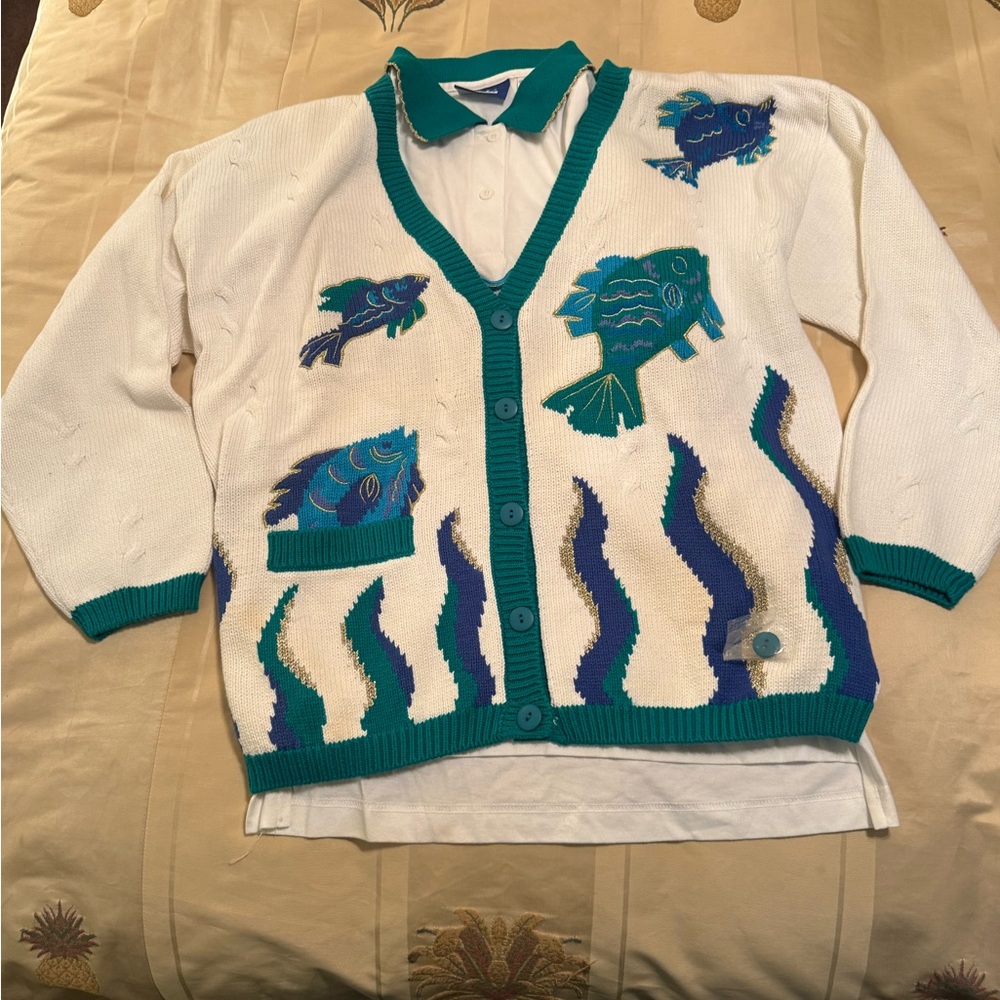 EP Pro Teal and White Cardigan & Polo with fish 🐟 NWT vintage